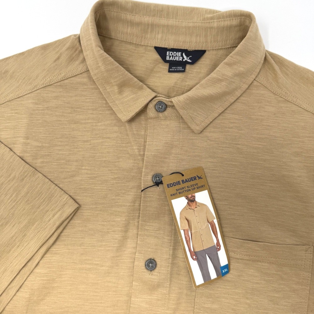 Eddie Bauer Mens XXL Tan Khaki Cotton Slub Knit Short Sleeve Button Up Shirt NEW